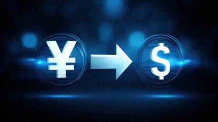 A visual representation of currency conversion, featuring the Japanese Yen symbol transitioning to the US Dollar symbol against a dark, digital backdrop.