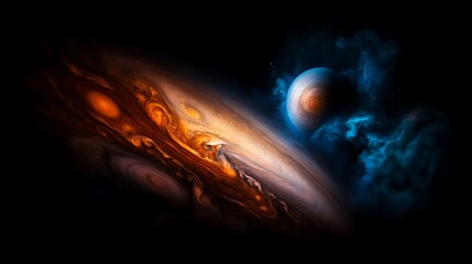 Jupiter's swirling atmosphere with a nearby celestial body.