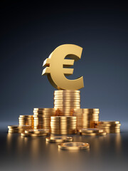 Euro sign on top of stack of golden coins with dark blue background and copy space - 3D illustration