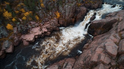 Obraz premium Aerial view of a rushing river cascading over rocks. Autumn colors in the surrounding forest