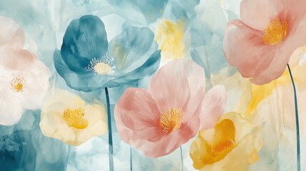 A painting of a bunch of flowers with a blue background