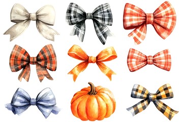 Watercolor autumn bows and pumpkin collection.