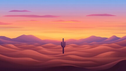 Sunset desert landscape: cactus, dunes, mountains.
