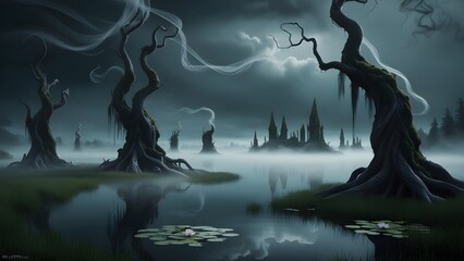 A hauntingly beautiful, mystical landscape of Wraithwater, a serene and mysterious lake shrouded in mist, with wispy tendrils of fog curling around ancient, twisted tree trunks that rise from the wate