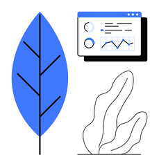 Abstract blue leaf, line art plant, analytical dashboard with graphs and charts. Ideal for growth, sustainability, data analysis, eco-business, strategic planning, modern design and simple landing