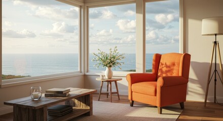 Coastal Living Room Relaxation - Serene coastal living room with orange armchair, wooden coffee table, and ocean view. Peaceful atmosphere