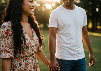 Naklejka premium Happy couple stroll gently golden sunset light. AI Generated