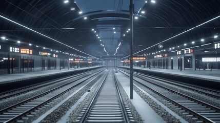 Empty train station platform at night.  Modern architecture, railway tracks, illuminated