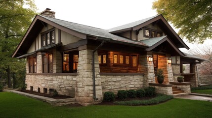 Arts and Crafts bungalow exterior with handcrafted stonework, stained glass windows, and a covered porch with tapered piers. 