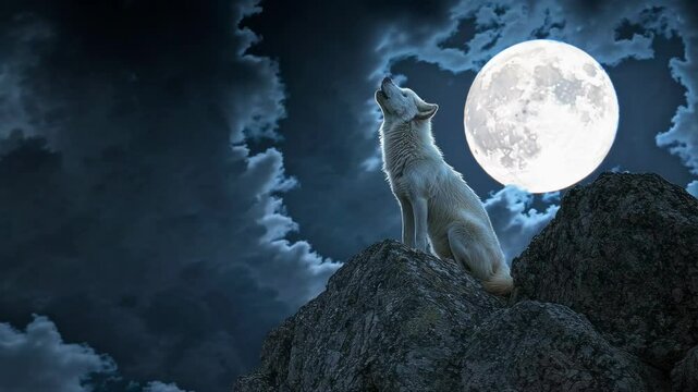 A wolf howls atop a rocky cliff under a full moon. Low-angle shot captures the dramatic night sky, creating a cinematic video atmosphere. Live desktop wallpaper.