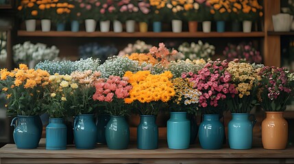 Colorful flower bouquets in shop vases, floral background, sale display