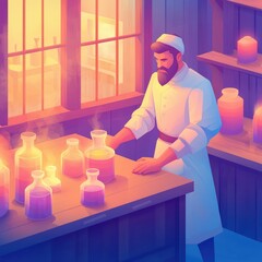 Ancient Alchemist's Lab: An evocative, illustrated scene of a focused alchemist meticulously working amidst an array of potion bottles in his candle-lit laboratory, steeped in history and wonder.