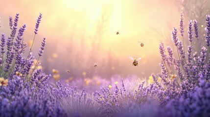 Naklejka premium Purple flowers, flying insects, golden sunlight.