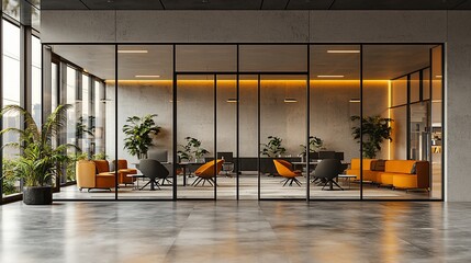 Modern open-plan office space with glass partitions and orange accents
