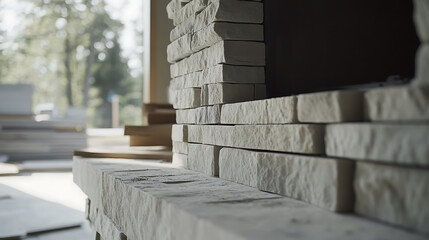 Mason building stone fireplace in living room. Featuring stone fireplace construction