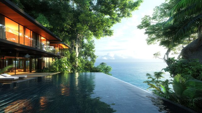 Luxurious cliffside home with infinity pool, nestled in lush tropical foliage, overlooking the ocean