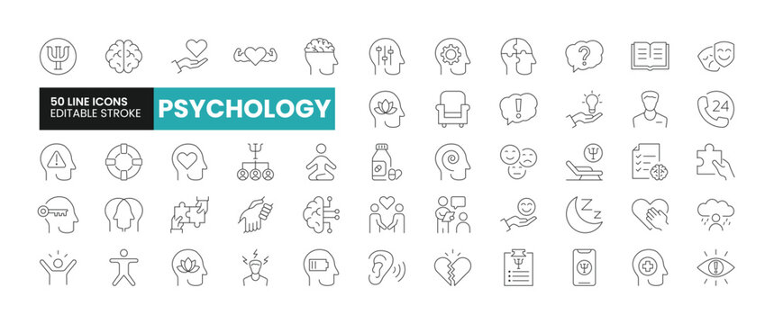 Set of 50 Psychology line icons set. Psychology outline icons with editable stroke collection. Includes Anxiety, Insomnia, Mental Health, Consultant, Depression, and More.