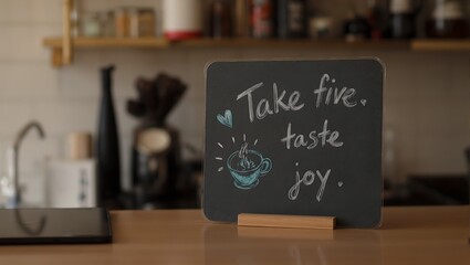 A rustic wooden board reads Take five Taste joy positioned on a cozy caf bar evoking a peaceful and inviting setting
