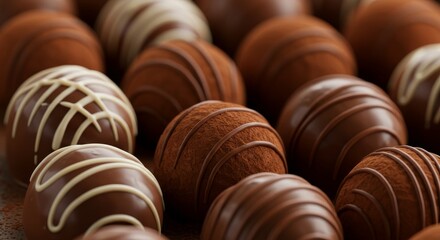 Fototapeta premium Delicious Chocolate Truffles Collection - A close-up shot of assorted chocolate truffles, some coated in cocoa powder, others with white chocolate drizzles. Luxurious and decadent