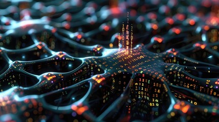 An abstract depiction of model weights and parameters, showcasing a vibrant network of binary code. Perfect for technology and data visualization themes.