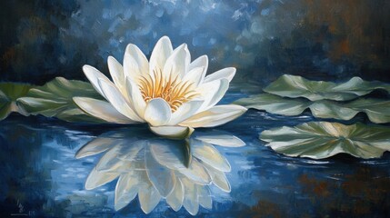A stunning white lotus flower emerges from calm waters, reflecting beautifully in the surface. Green lily pads complement the delicate petals, creating a peaceful atmosphere at daybreak