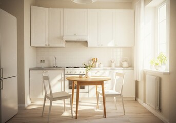 Bright sunlight bathes serene white kitchen. AI Generated