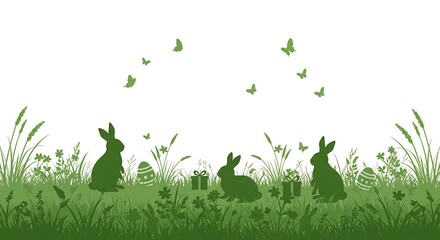 Whimsical Green Easter: Silhouetted Bunnies, Butterflies, Eggs, and Gifts in a Lush Meadow Illustration, Holiday Springtime Joy and Festive Celebration, Vector Graphic Scene
