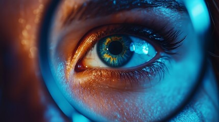 Eye close-up showcasing vivid colors and intricate details under magnification in a dramatic lighting setting