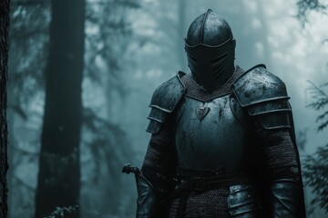 Mysterious armored knight standing in a foggy forest during an early morning