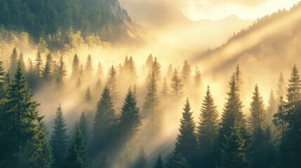 Obraz premium Majestic Mountain Forest Landscape in Mystical Morning Fog with Sunrays Breaking Through Pine Trees for Nature Wallpaper