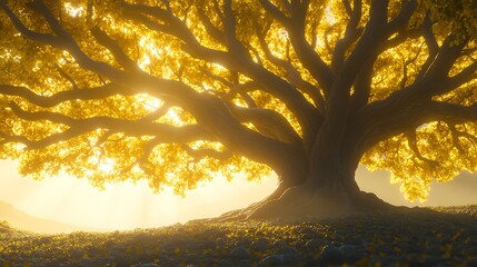 Golden sunrise illuminates massive tree