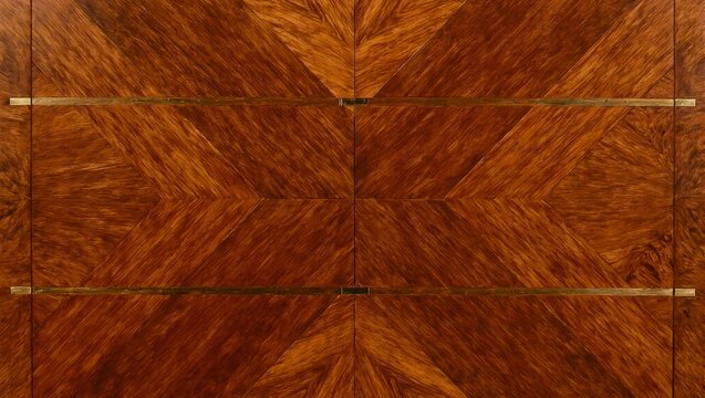 Elegant Art Deco walnut panel with geometric inlays and brass strips Rich brown hues add warmth and sophistication