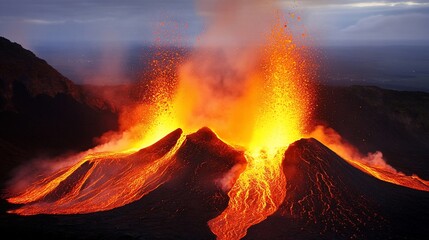 Erupting Volcano. Fiery lava flows from a volcano's summit