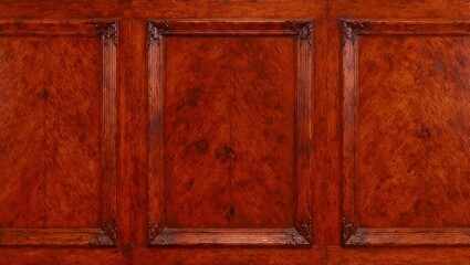 Elegant colonial cherry wood wall panels with rich reddish tones and detailed carved molding Classic sophistication for interior design projects