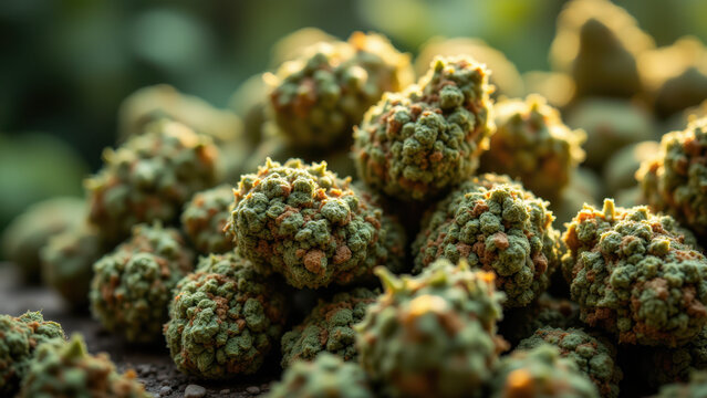 Bunch of marijuana buds showcasing THC crystals, with a focus on THCA content.