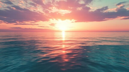 Mystical Dreamy Seascape with Vibrant Pink and Gold Horizon, Tranquil Ocean Waters Reflecting Ethereal Sky Colors, Atmospheric Perspective, Serene Digital Illustration