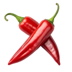 Two red chili peppers crossed, isolated on black background.