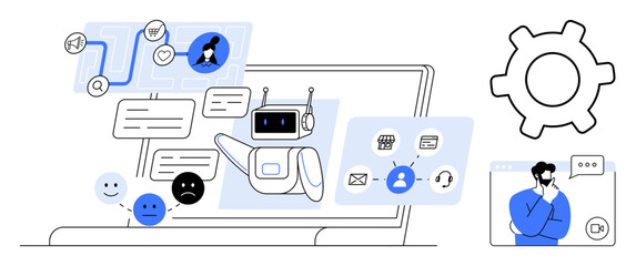 Conversational chatbot replying to queries, user reactions with emotions, support tools, settings gear, messaging app interface. Ideal for AI assistance, customer support, service automation