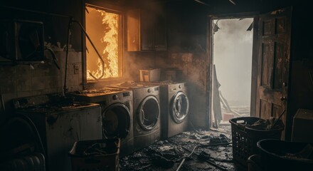 Fire Damage in Laundry Room - A laundry room devastated by fire, showing smoke damage and fire destruction to appliances