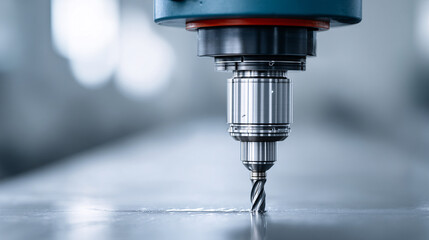 close up of modern CNC machine drill bit in action, showcasing precision engineering and industrial technology. metallic tool is focused on smooth surface, highlighting its efficiency
