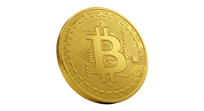 A single gold bitcoin coin with the b symbol on a black background in a close up shot view