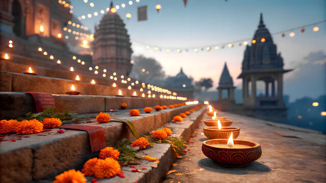 diwali celebration at temple ghats with diyas and flowers