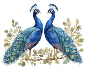 Fototapeta premium Elegant Peacocks Watercolor Artwork isolate on white background