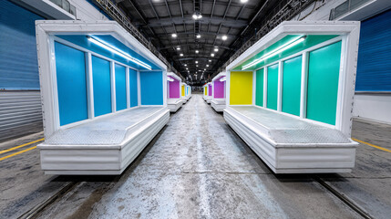 Obraz premium Colorful, futuristic carnival rides with neon panels are lined up spacious industrial warehouse, creating vibrant and playful atmosphere. bright colors and sleek design evoke excitement