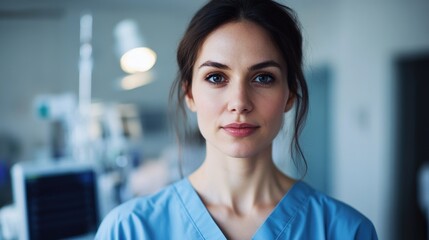Obraz premium A young European female nurse stands confidently in a hospital setting, showcasing professionalism and dedication to patient care.