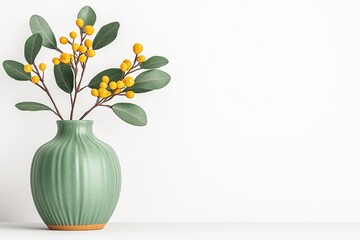 Sage Green Ceramic Vase with Yellow Berry Branches on White Shelf