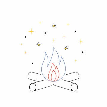 recommend clip art: A magical campfire under a starlit night sky, with dancing fireflies adding to the enchanting ambiance, rendered in a simple line art style.