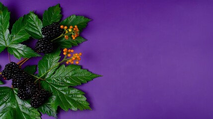 Blackberries with Green Leaves and Yellow Berries on Purple Background