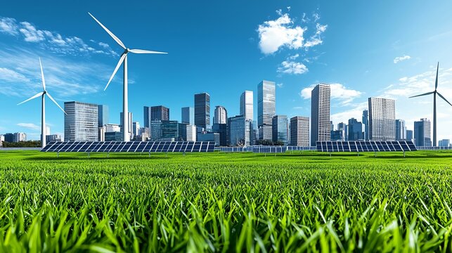 A hyperloop transportation system zooming past fields of solar farms and wind towers, connecting green smart cities with zero carbon emissions in an ultra-clean futuristic world.
