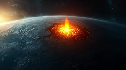 Volcano erupting on alien planet surface during sunrise - Powered by Adobe